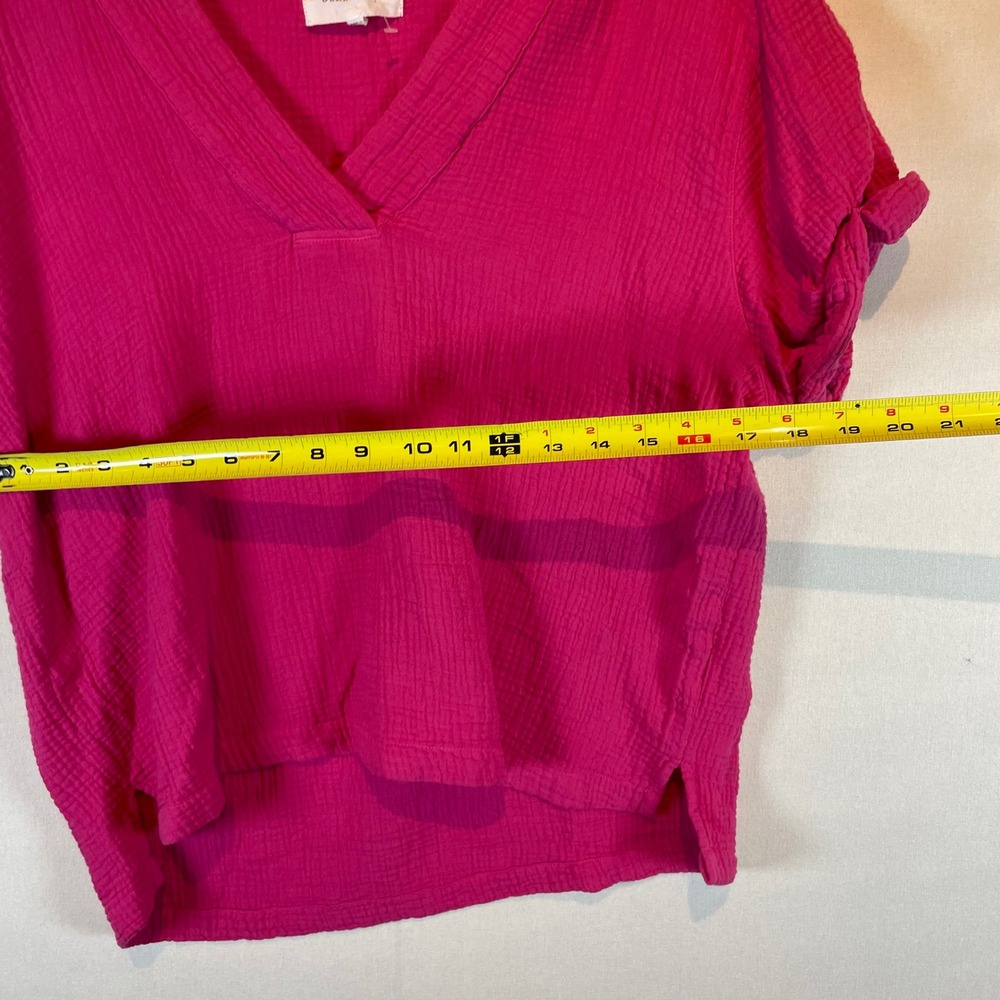 Dear‎ John Fuchsia Pink Cotton Gauze V-Neck Top with Knotted Sleeves Medium - Picture 4 of 6